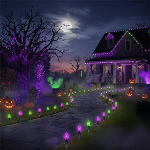 Halloween Stake Lights, 10PK C9 LED Pathway Lights with Purple & Green Bulbs - Picture 5 of 8